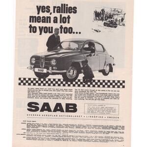 SAAB Magazine Advertisement 1960s Black & White Automobilia Vintage Rally Car